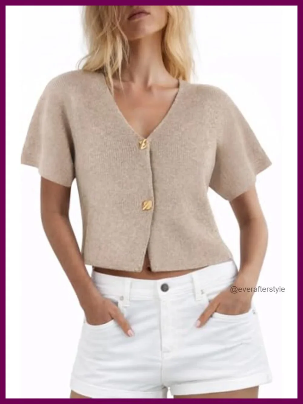 Cropped Knit Cardigan Top V Neck Button Front Short Sleeve Sweater
